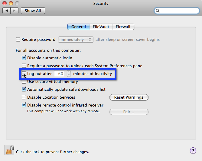 System Preferences for Security in OS X 10.6.8